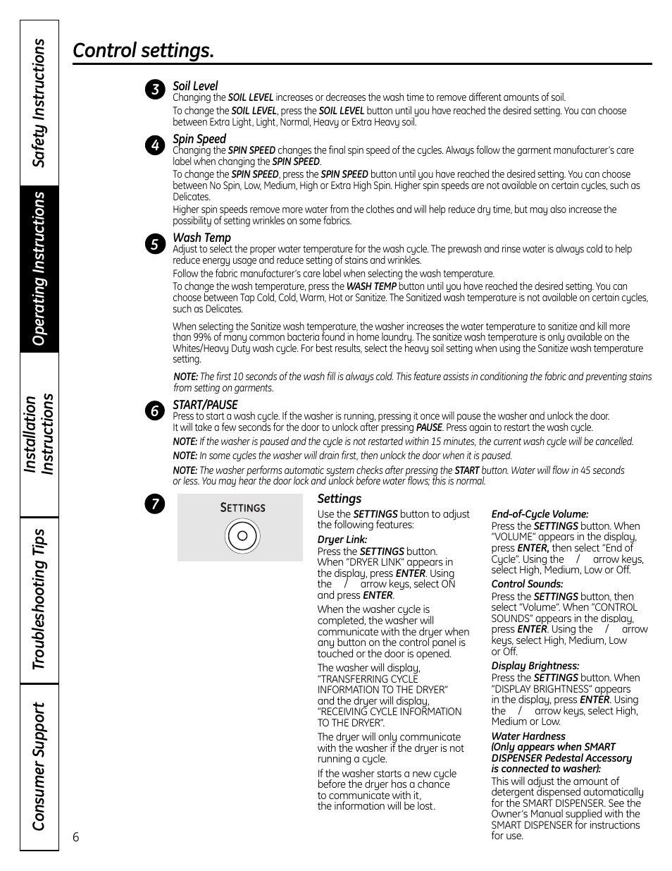 Control settings | GE Profile Washers WPDH8900 User Manual | Page 6 / 80