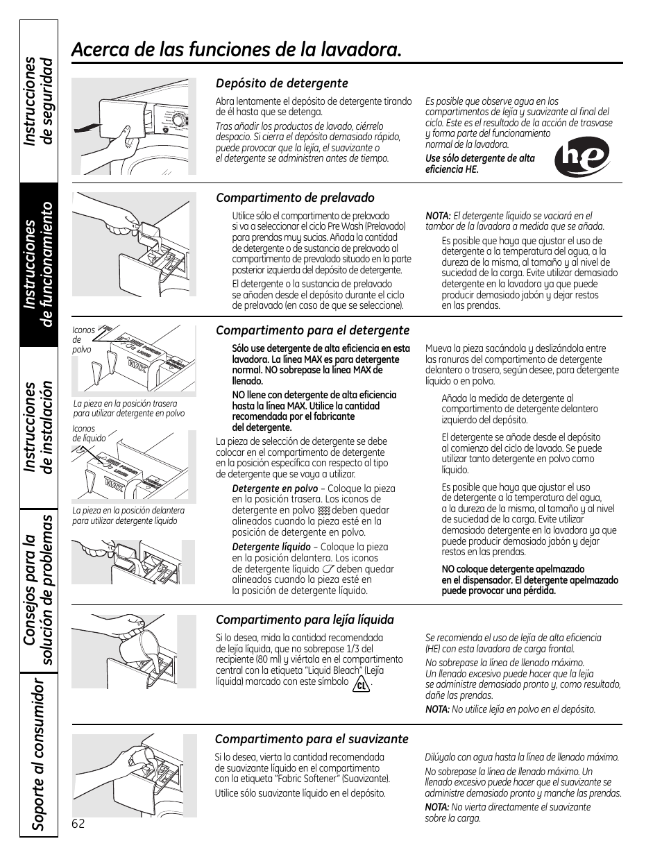 Acerca de las funciones de la lavadora | GE Profile Washers WPDH8900 User Manual | Page 62 / 80