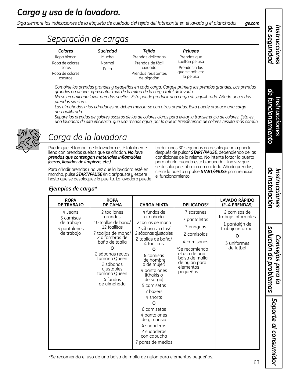Carga y uso de la lavadora, Separación de cargas carga de la lavadora | GE Profile Washers WPDH8900 User Manual | Page 63 / 80
