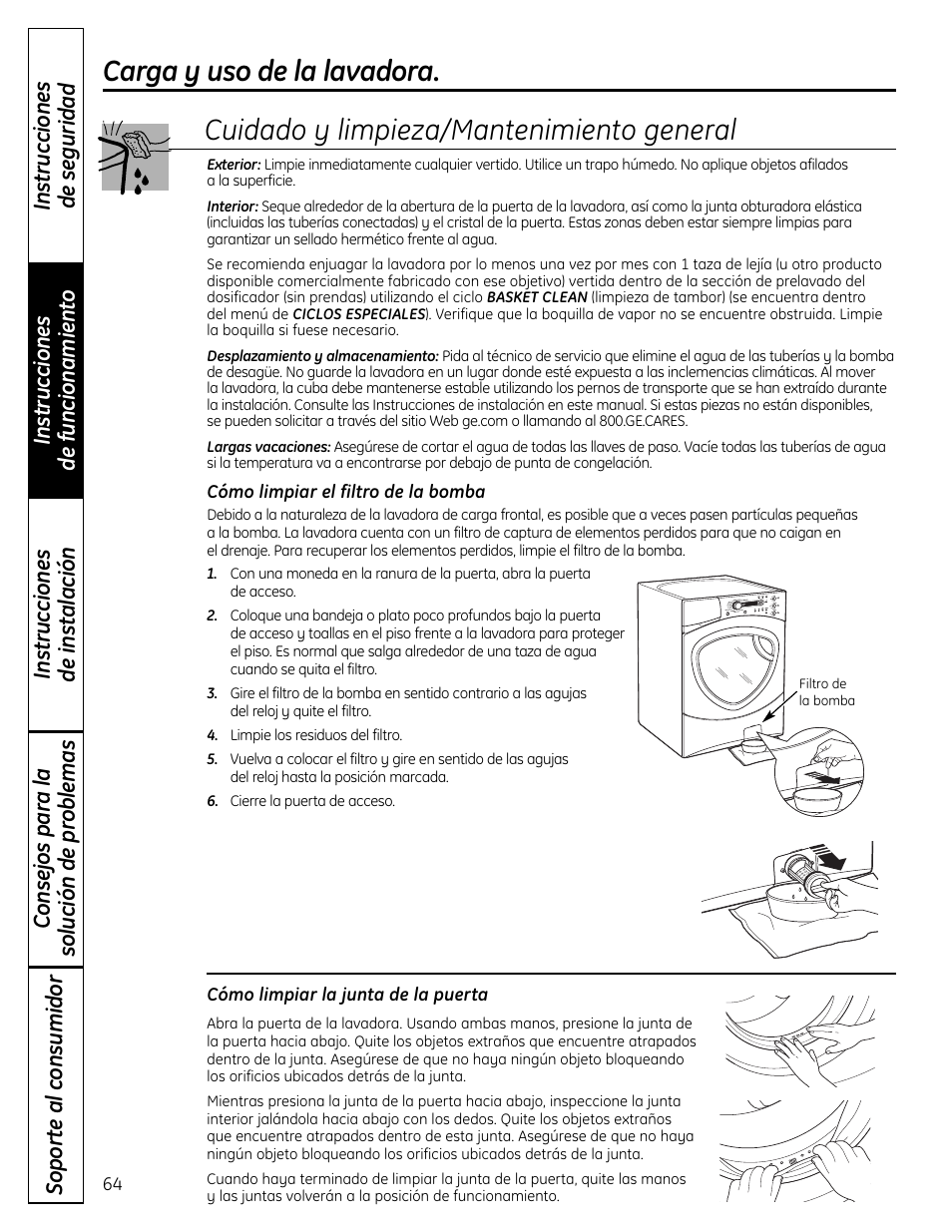 Cuidado y limpieza/mantenimiento general, Carga y uso de la lavadora | GE Profile Washers WPDH8900 User Manual | Page 64 / 80