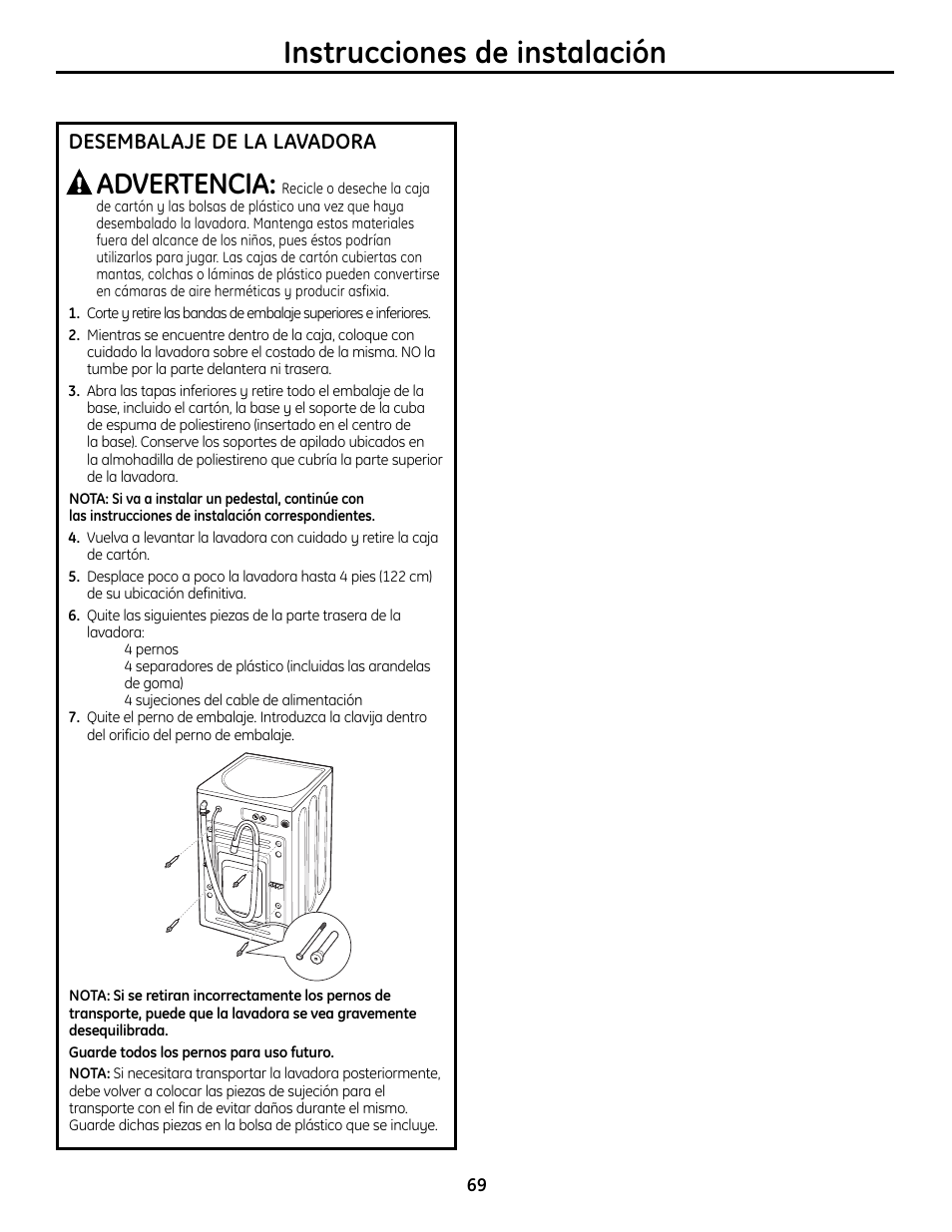 Instrucciones de instalación, Advertencia, Desembalaje de la lavadora | GE Profile Washers WPDH8900 User Manual | Page 69 / 80