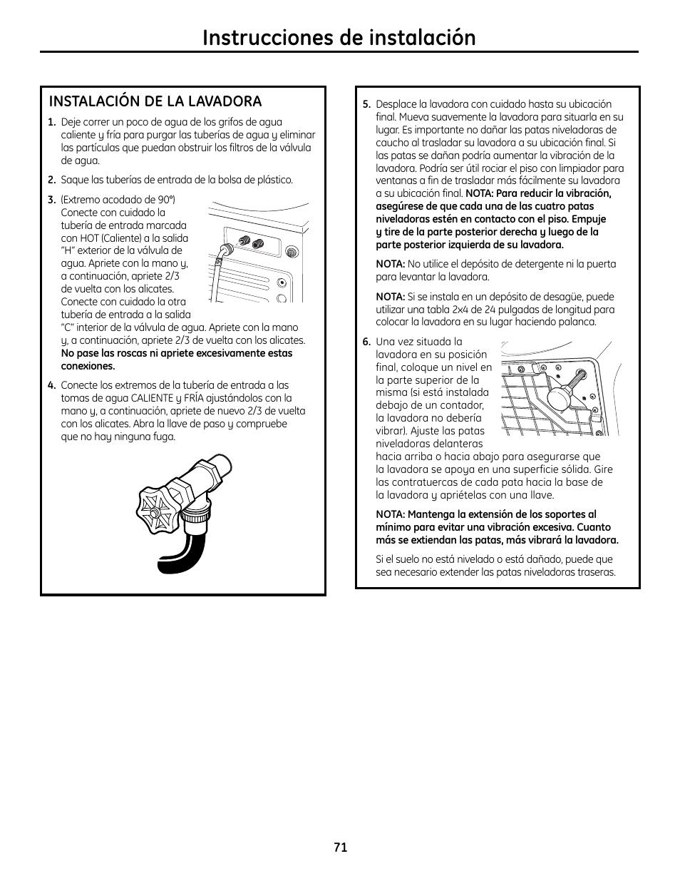 Instrucciones de instalación, Instalación de la lavadora | GE Profile Washers WPDH8900 User Manual | Page 71 / 80