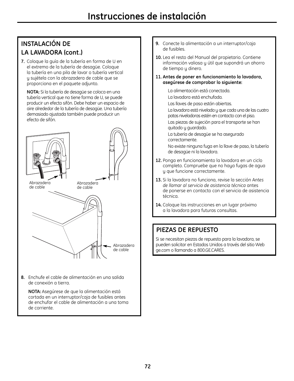 Instrucciones de instalación, Instalación de la lavadora (cont.), Piezas de repuesto | GE Profile Washers WPDH8900 User Manual | Page 72 / 80