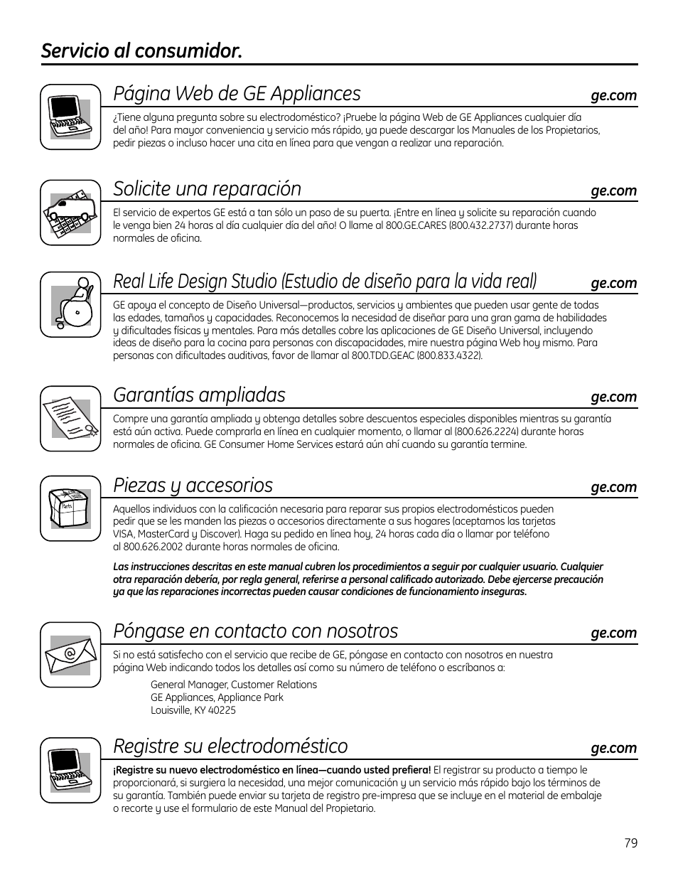 Solicite una reparación, Garantías ampliadas, Piezas y accesorios | Póngase en contacto con nosotros, Registre su electrodoméstico | GE Profile Washers WPDH8900 User Manual | Page 79 / 80