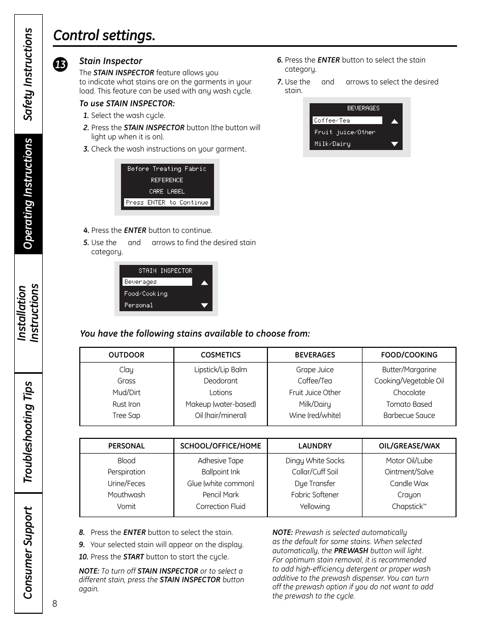 Control settings | GE Profile Washers WPDH8900 User Manual | Page 8 / 80