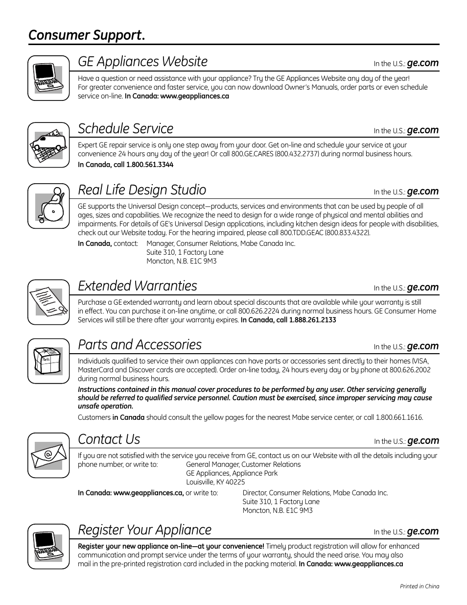 Consumer support. ge appliances website, Schedule service, Real life design studio | Extended warranties, Parts and accessories, Contact us, Register your appliance | GE Profile Washers WPDH8900 User Manual | Page 80 / 80