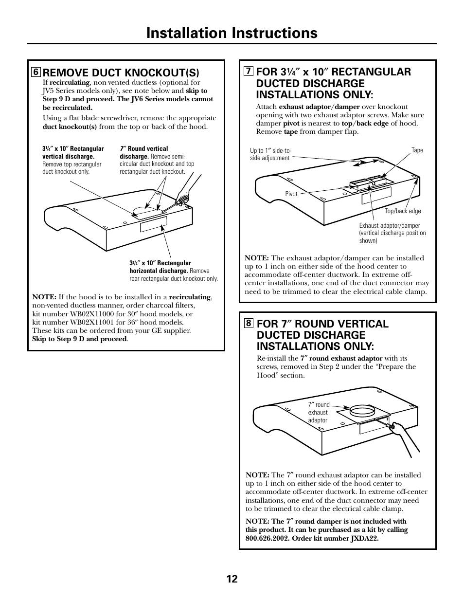 Installation instructions, 12 remove duct knockout(s), For 3 | GE JV535 User Manual | Page 12 / 40