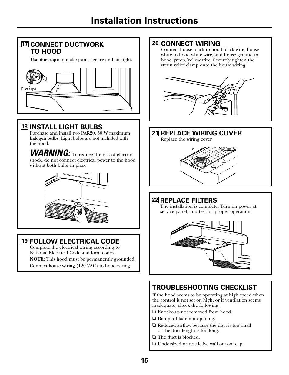 Installation instructions, Warning | GE JV535 User Manual | Page 15 / 40