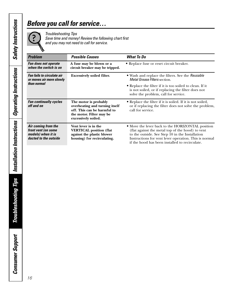 Troubleshooting tips, Before you call for service | GE JV535 User Manual | Page 16 / 40
