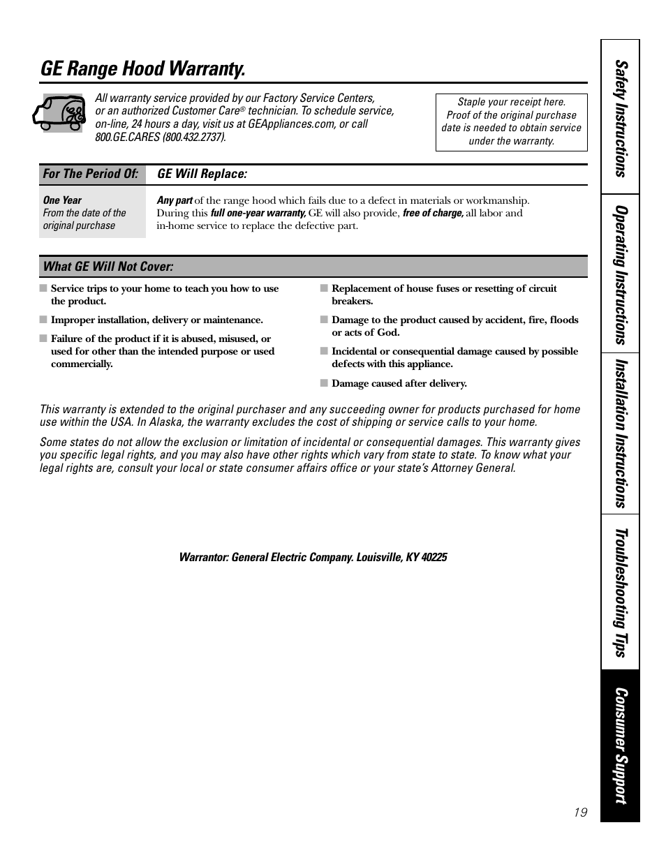 Warranty, Ge range hood warranty | GE JV535 User Manual | Page 19 / 40