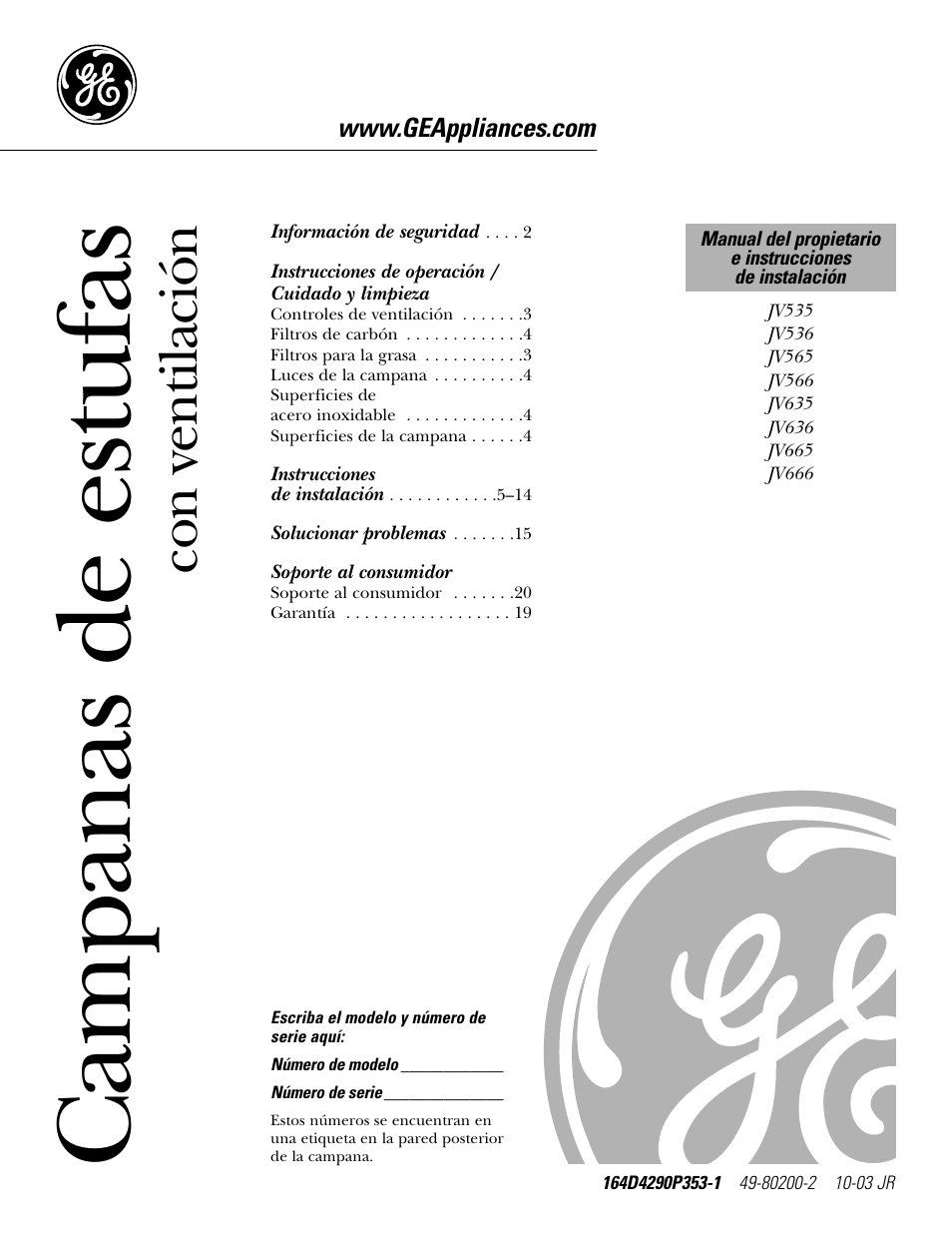 Spanish table of contents, Instrucciones de operación / cuidado y limpieza, Soporte al consumidor | Campana s de estufa s, Con ventilación | GE JV535 User Manual | Page 21 / 40