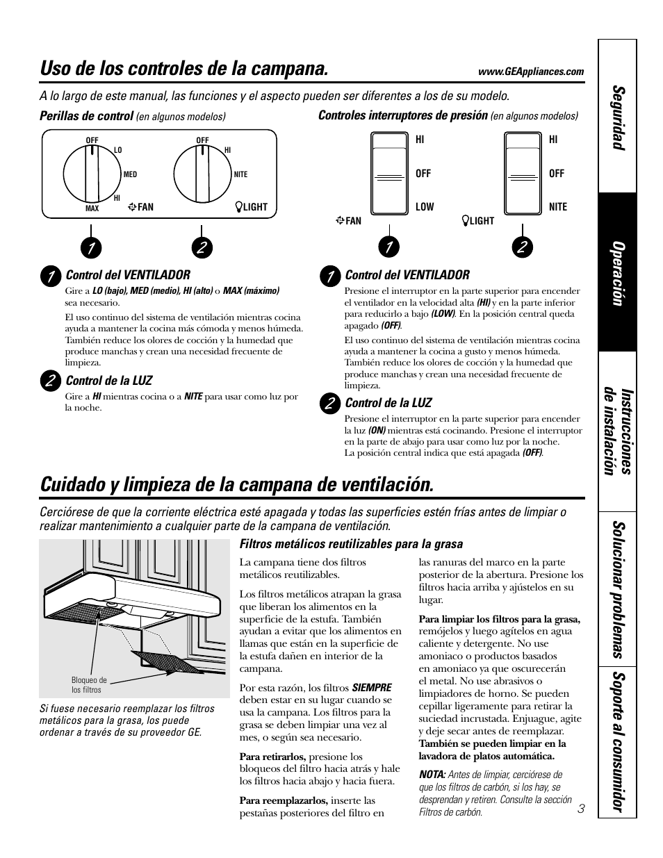 Controles de ventilación, Filtros para la grasa, Uso de los controles de la campana | Cuidado y limpieza de la campana de ventilación | GE JV535 User Manual | Page 23 / 40
