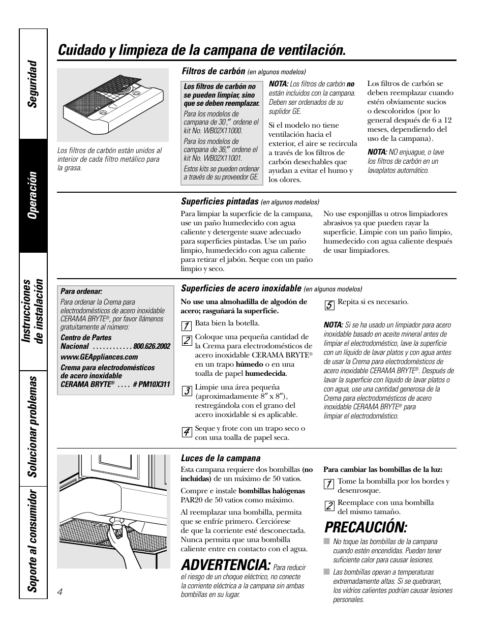 Filtros de carbón, Luces de la campana, Superficies de acero inoxidable | Superficies de la campana, Cuidado y limpieza de la campana de ventilación, Advertencia, Precaución | GE JV535 User Manual | Page 24 / 40