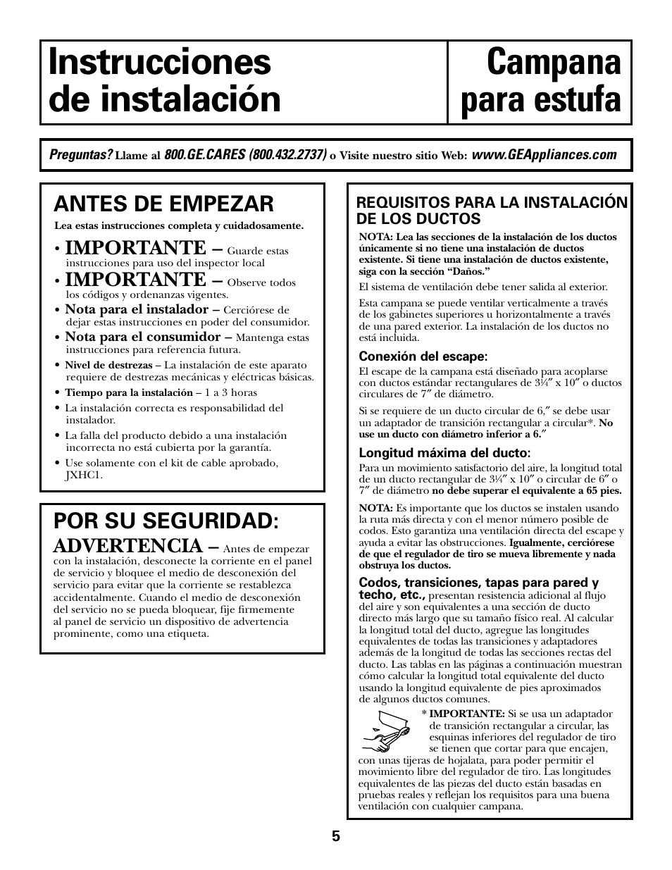 Instrucciones de instalación, Instrucciones campana de instalación para estufa, Antes de empezar | Por su seguridad, Importante, Advertencia | GE JV535 User Manual | Page 25 / 40