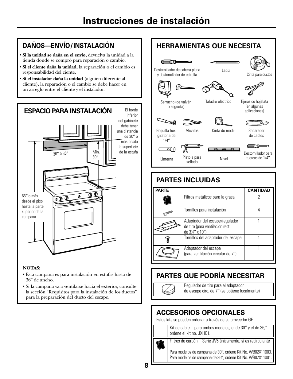Instrucciones de instalación, Partes que podría necesitar, Accesorios opcionales | Herramientas que necesita | GE JV535 User Manual | Page 28 / 40