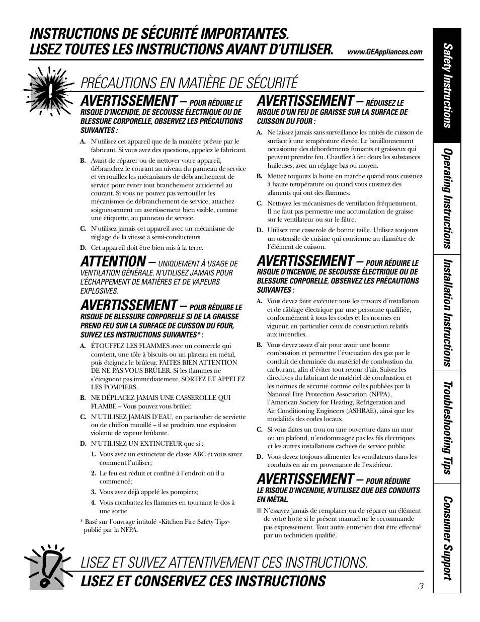 Attention, Avertissement | GE JV535 User Manual | Page 3 / 40