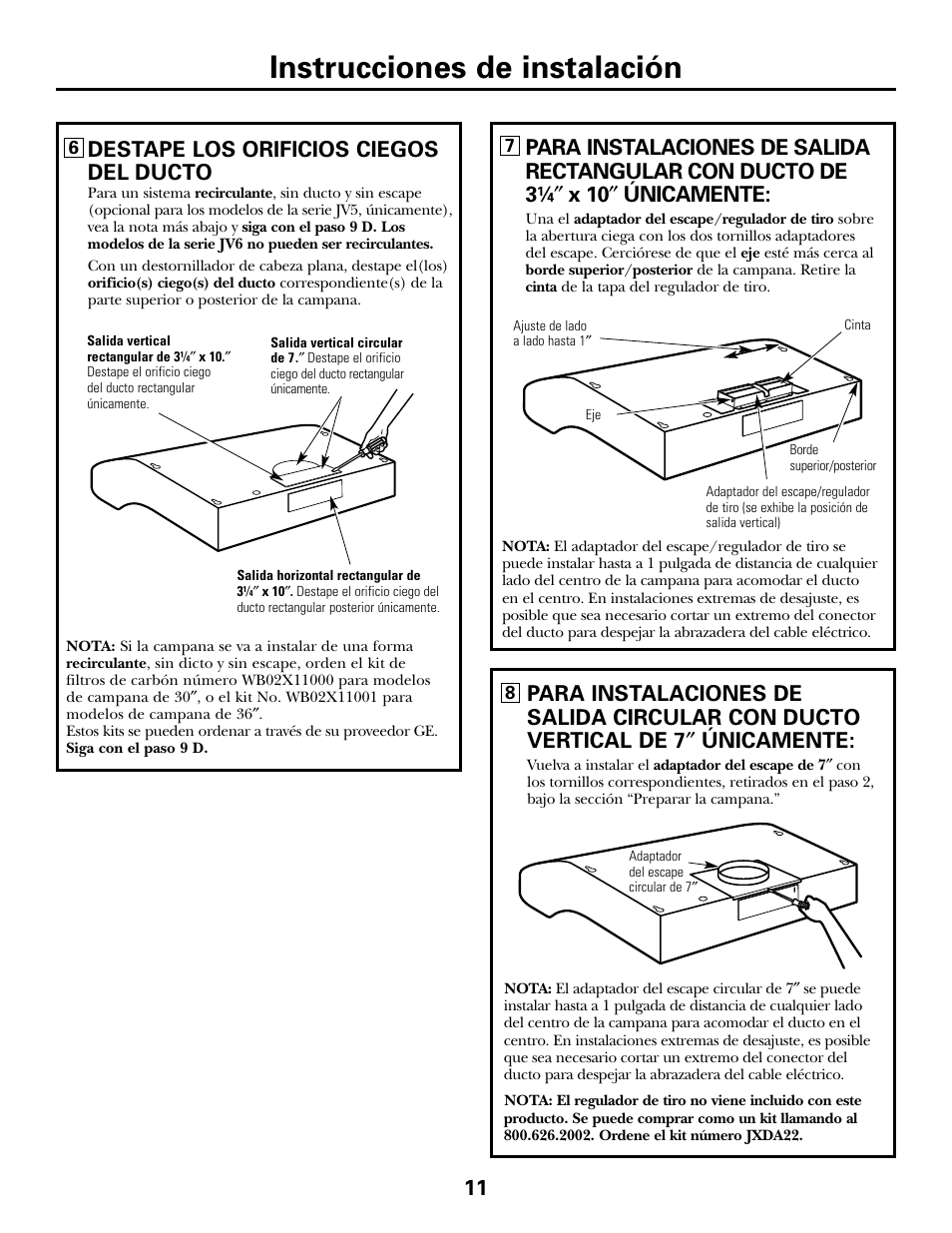 Instrucciones de instalación, Destape los orificios ciegos del ducto, X 10 ″ únicamente | GE JV535 User Manual | Page 31 / 40