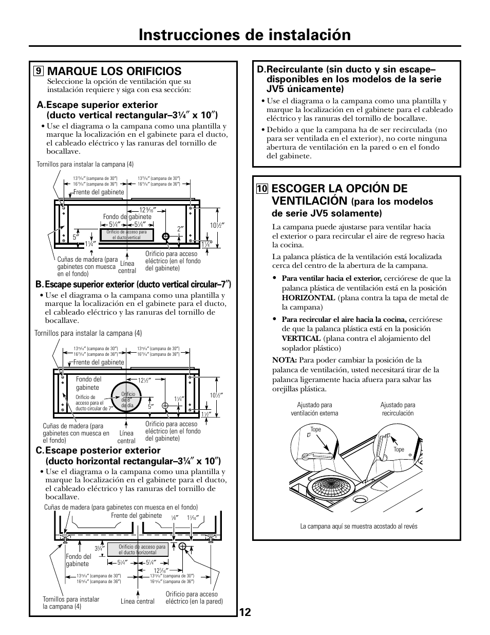 Instrucciones de instalación, Marque los orificios, Escoger la opción de ventilación | X 10, Para los modelos de serie jv5 solamente) 10 | GE JV535 User Manual | Page 32 / 40