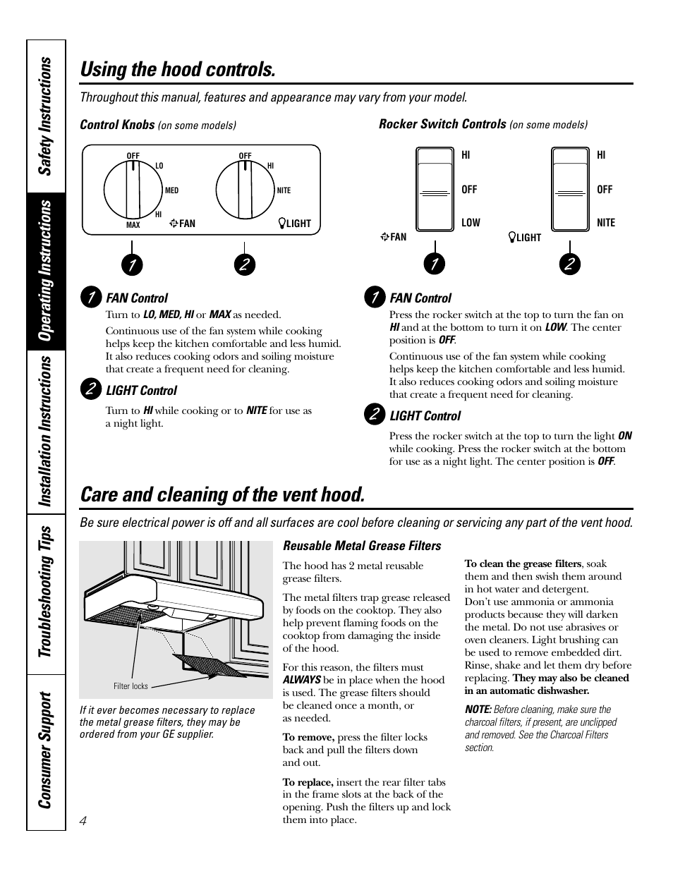 Grease filters, Vent controls, Using the hood controls | Care and cleaning of the vent hood | GE JV535 User Manual | Page 4 / 40