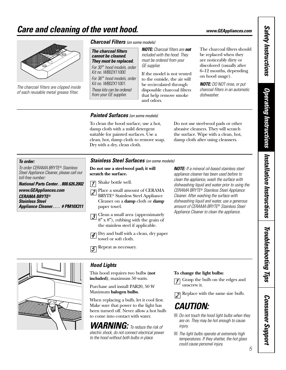 Charcoal filters, Hood lights, Hood surfaces | Stainless steel surfaces, Hood lights hood surfaces stainless steel surfaces, Warning, Caution, Care and cleaning of the vent hood | GE JV535 User Manual | Page 5 / 40