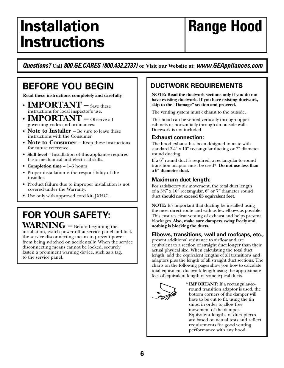 Installation instructions, Installation range hood instructions, Before you begin | For your safety, Important, Warning | GE JV535 User Manual | Page 6 / 40