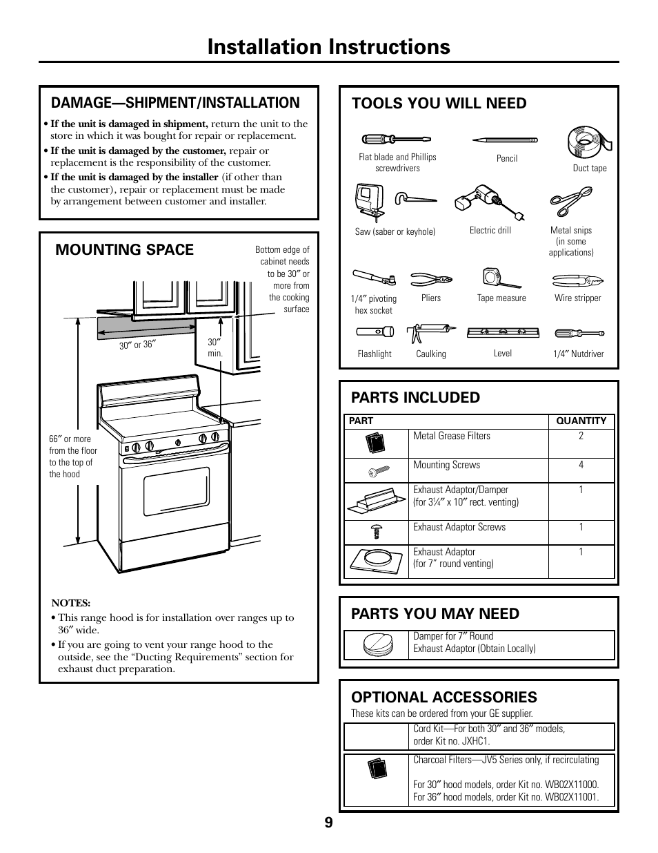 Installation instructions, Parts you may need, Optional accessories | Tools you will need | GE JV535 User Manual | Page 9 / 40