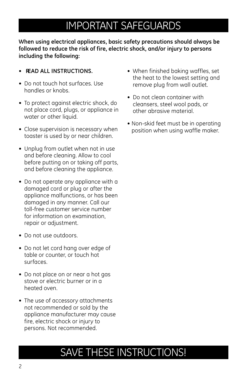 Important safeguards, Save these instructions | GE 681131691185 User Manual | Page 2 / 8