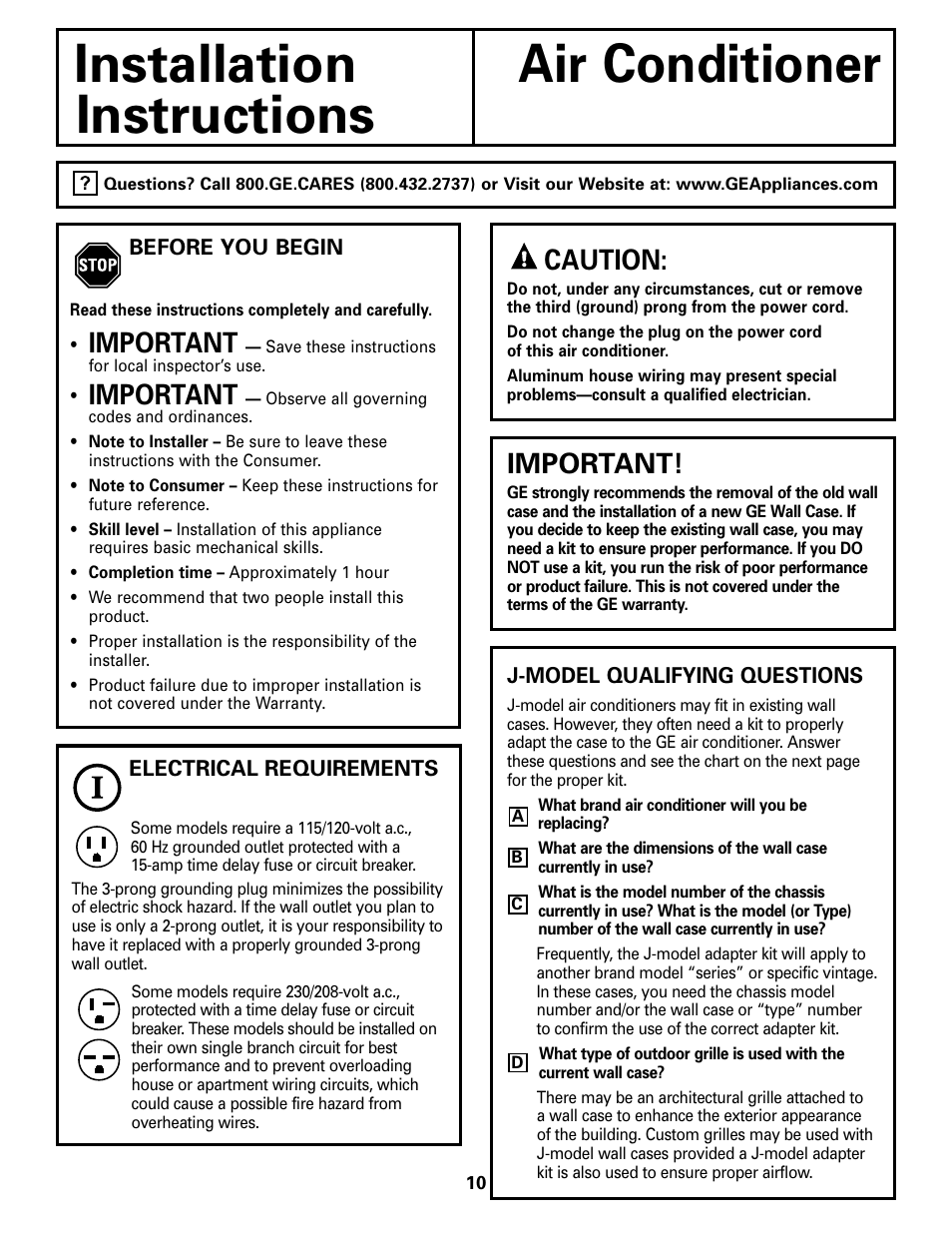 Before you begin, Before you begin , 11, Installation air conditioner instructions | Important, Caution | GE 10 DCB User Manual | Page 10 / 68