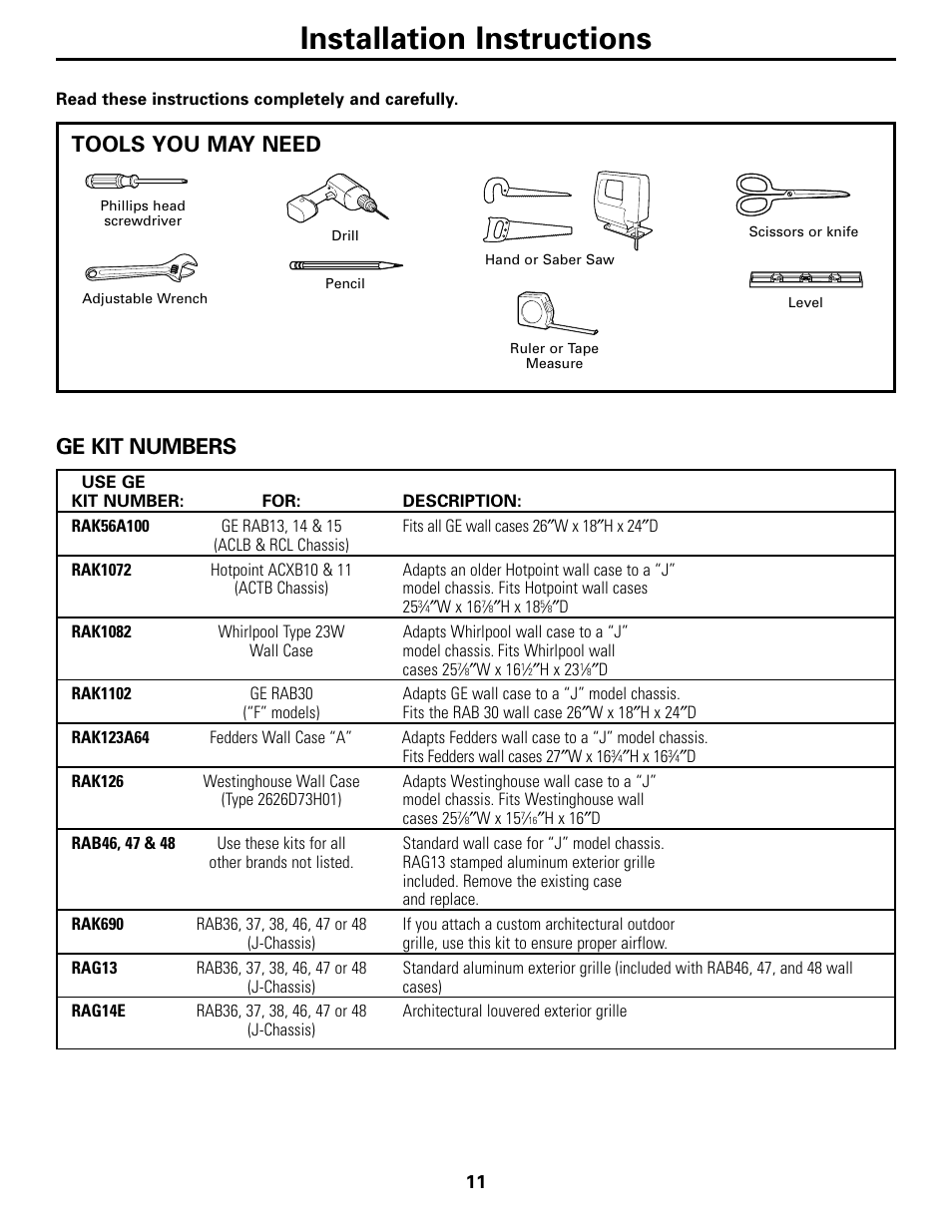 Installing a j-model in an existing wall case, Installing a j-model in an existing wall case , 12, Installation instructions | Ge kit numbers, Tools you may need | GE 10 DCB User Manual | Page 11 / 68