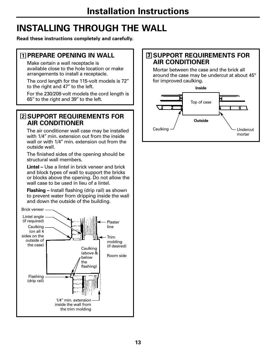 Through-the-wall installation—optional, Installation instructions, Installing through the wall | Prepare opening in wall, Support requirements for air conditioner | GE 10 DCB User Manual | Page 13 / 68