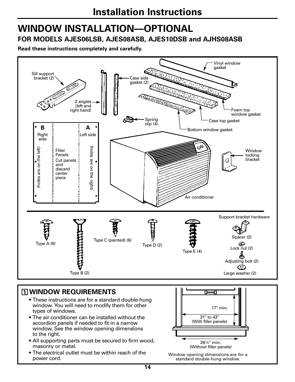 Window installation—optional on models so equipped, Installation instructions, Window installation—optional | Window requirements | GE 10 DCB User Manual | Page 14 / 68