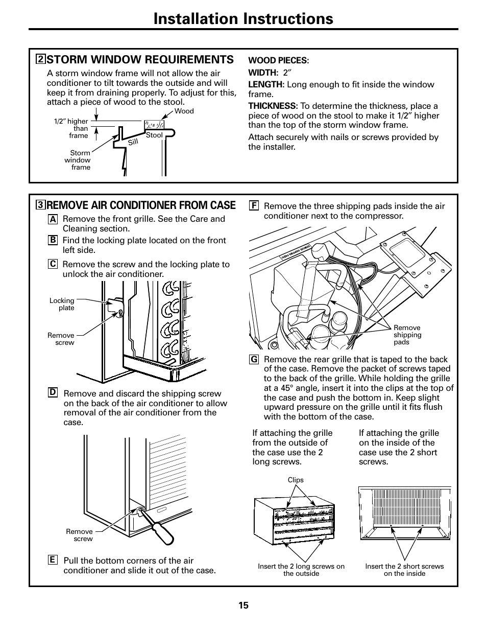 Installation instructions, Remove air conditioner from case, Storm window requirements | GE 10 DCB User Manual | Page 15 / 68