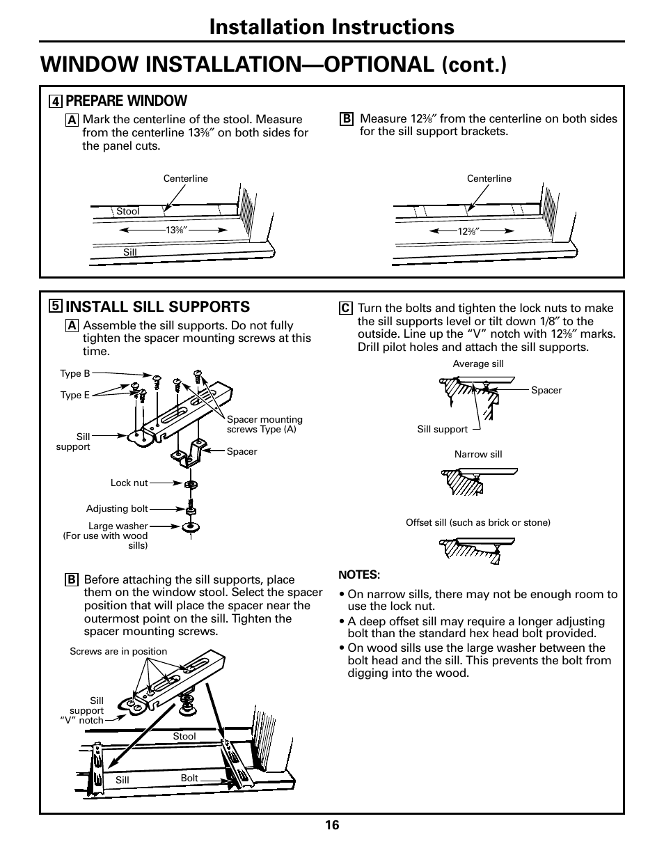 Installation instructions, Window installation—optional (cont.), Install sill supports | Prepare window | GE 10 DCB User Manual | Page 16 / 68