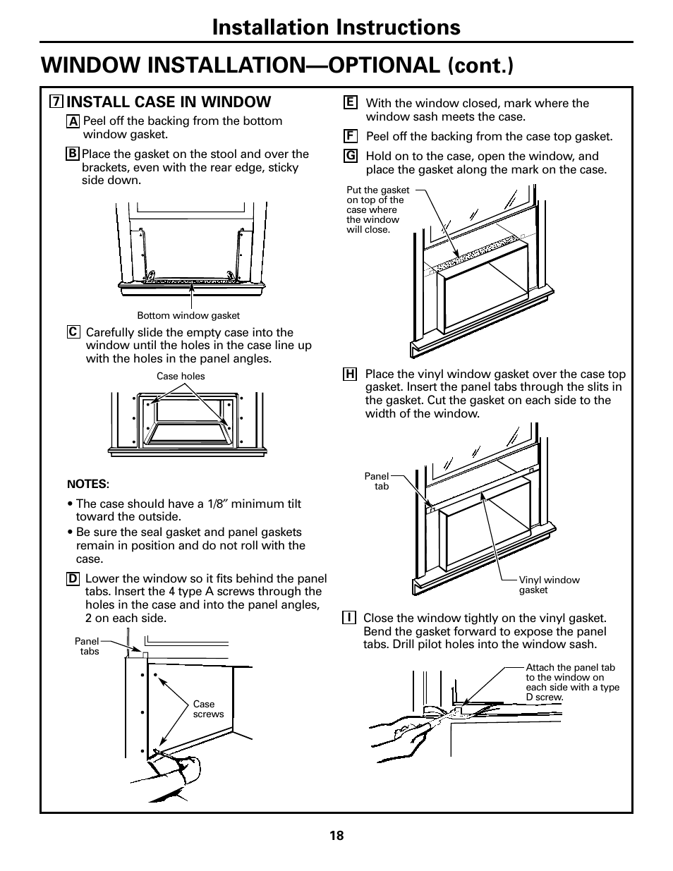 Installation instructions, Window installation—optional (cont.), Install case in window | GE 10 DCB User Manual | Page 18 / 68