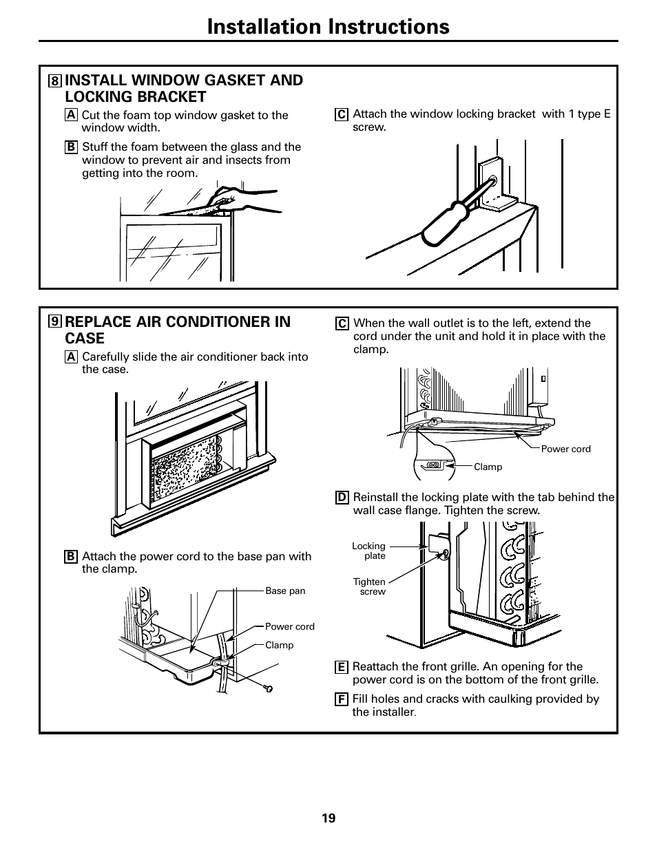 Installation instructions, Replace air conditioner in case, Install window gasket and locking bracket | GE 10 DCB User Manual | Page 19 / 68