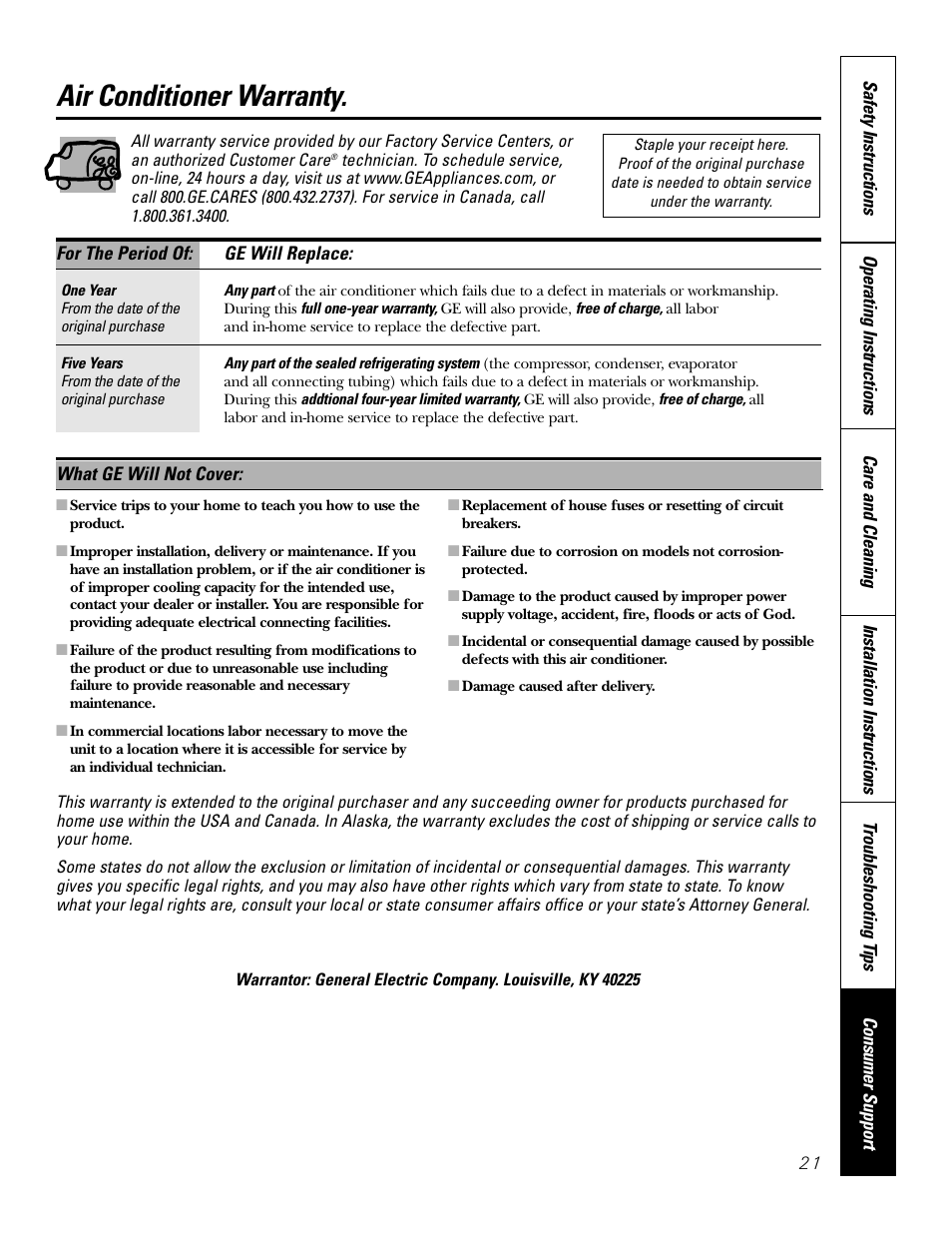 Warranty, Air conditioner warranty | GE 10 DCB User Manual | Page 21 / 68