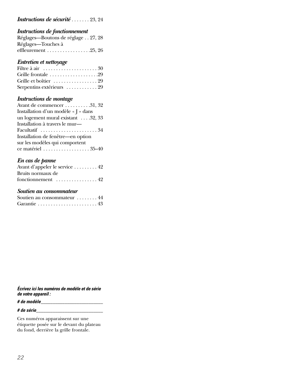 French table of contents, Instructions de fonctionnement, Entretien et nettoyage | Instructions de montage, En cas de panne, Soutien au consommateur | GE 10 DCB User Manual | Page 22 / 68