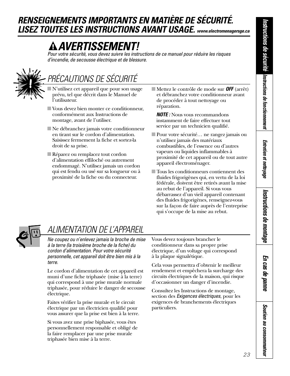 Instructions de sécurité, Avertissement, Précautions de sécurité | Alimentation de l’appareil, Instructions de montage en cas de panne | GE 10 DCB User Manual | Page 23 / 68
