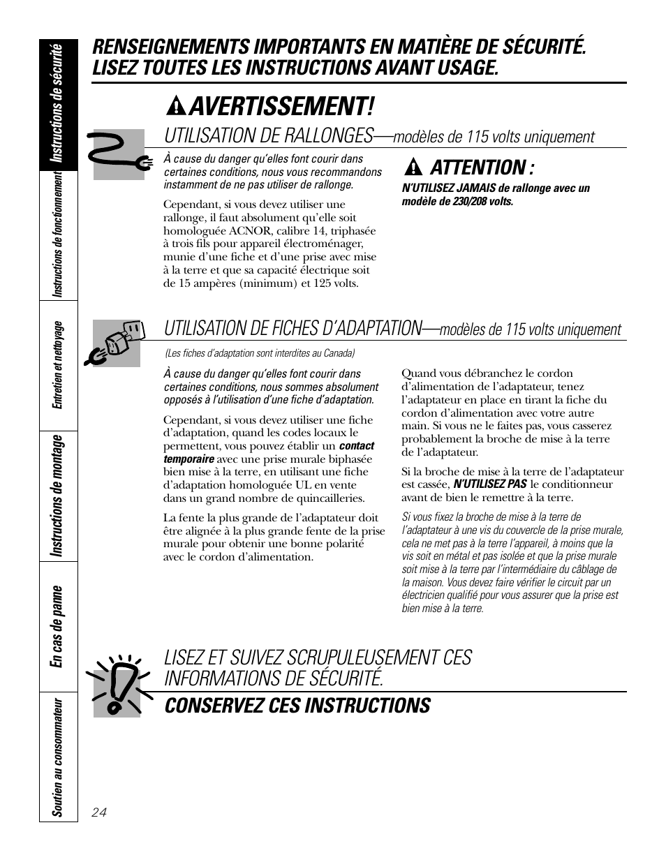 Avertissement, Attention, Utilisation de rallonges | Utilisation de fiches d’adaptation | GE 10 DCB User Manual | Page 24 / 68