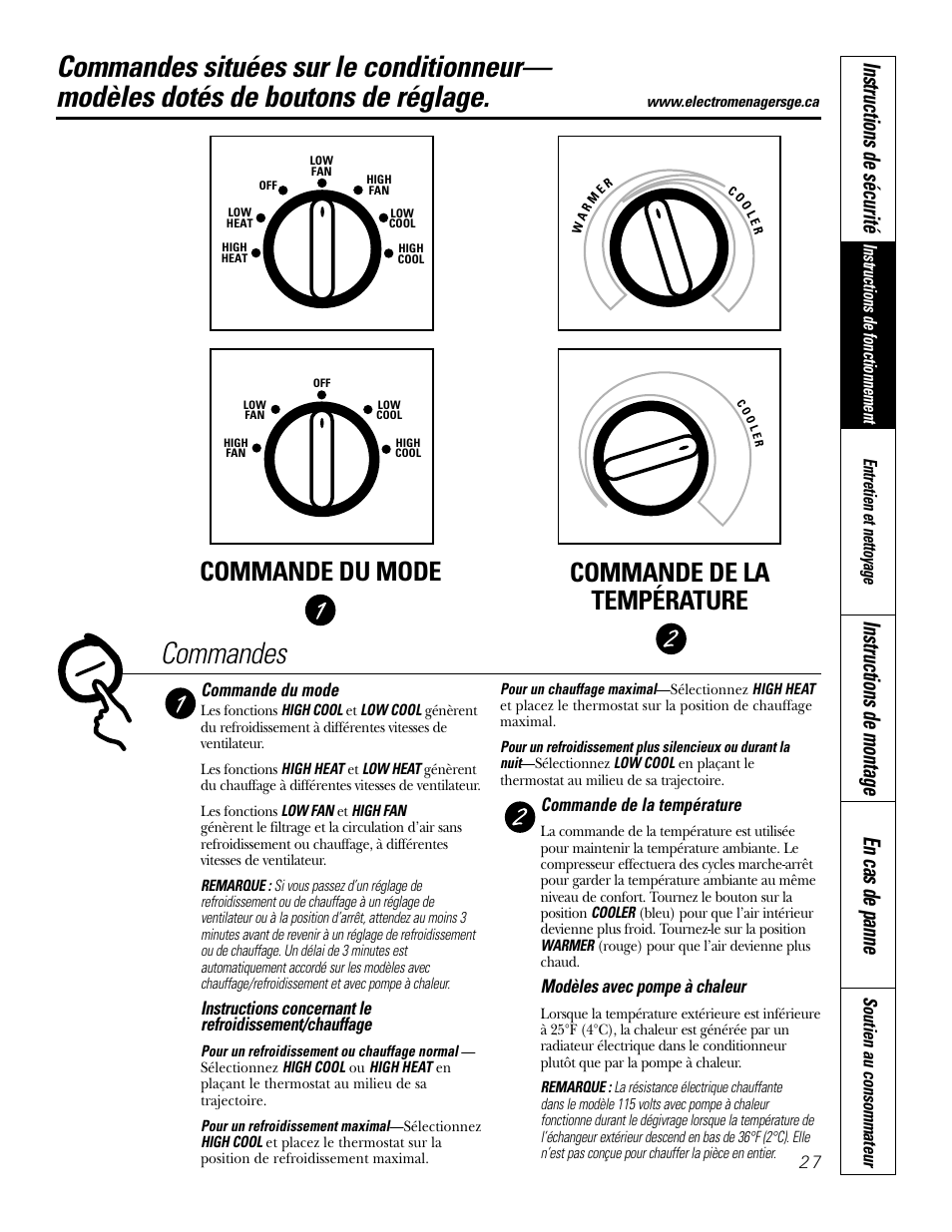 Réglages—boutons de réglage, Réglages—boutons de réglage , 28, Commandes | Commande du mode commande de la température, Instructions de sécurité, Instructions de montage en cas de panne | GE 10 DCB User Manual | Page 27 / 68