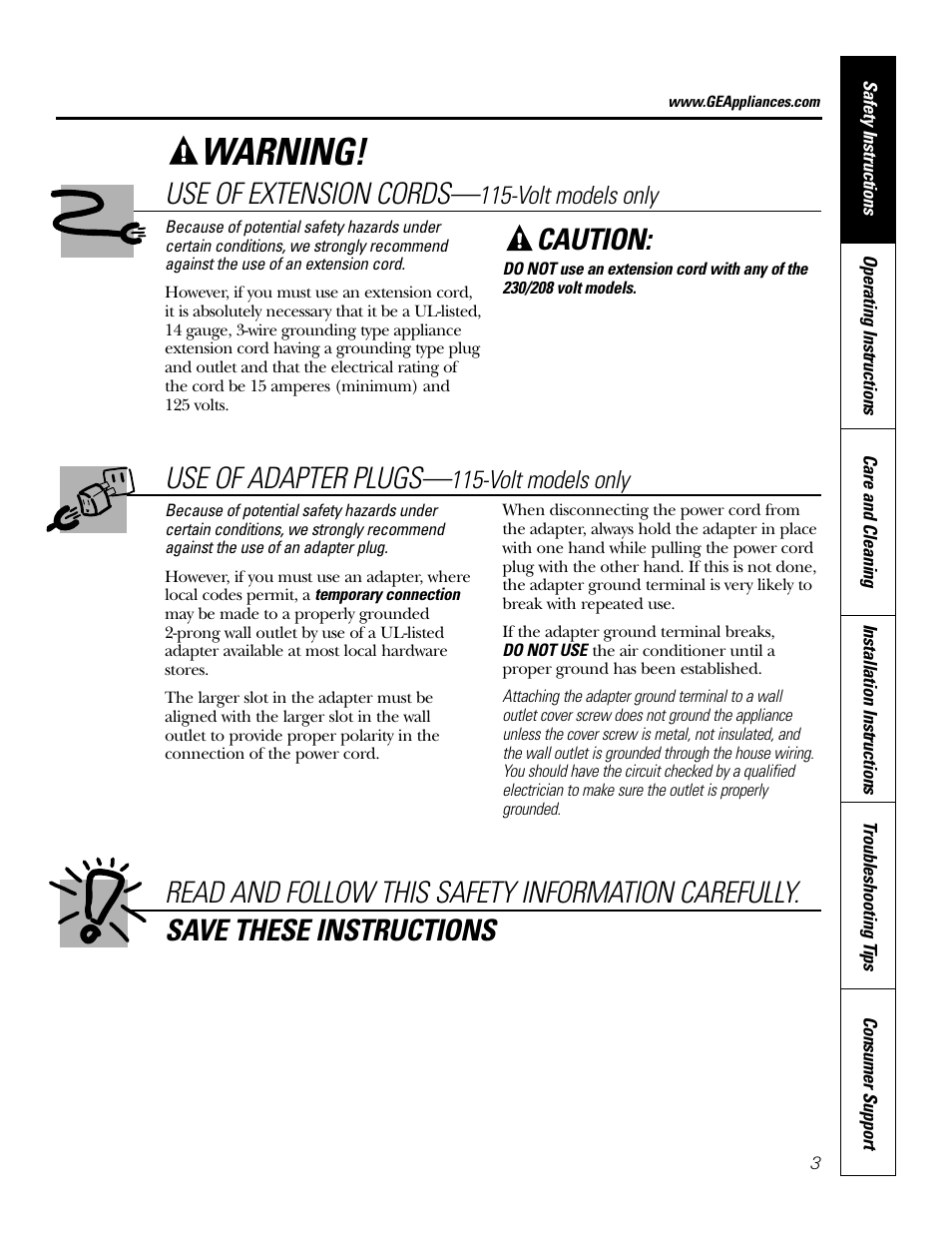 Warning, Caution, Use of extension cords | Use of adapter plugs, Volt models only | GE 10 DCB User Manual | Page 3 / 68