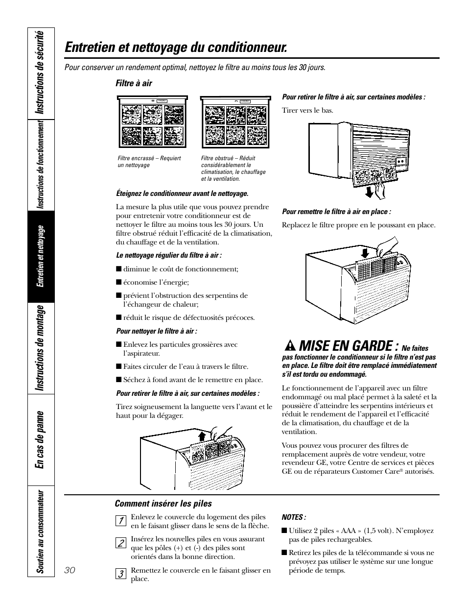 Filtre à air, Entretien et nettoyage du conditionneur, Mise en garde | En cas de panne instructions de montage, Instructions de sécurité | GE 10 DCB User Manual | Page 30 / 68
