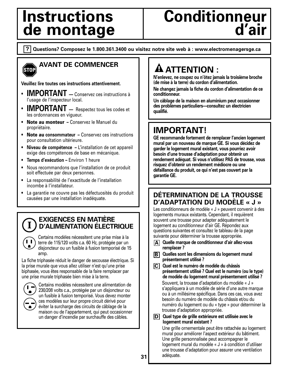 Avant de commencer, Avant de commencer , 32, Instructions conditionneur de montage d’air | Important, Attention | GE 10 DCB User Manual | Page 31 / 68