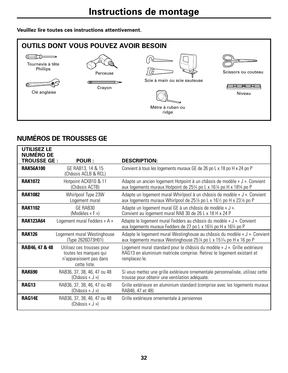 Instructions de montage, Numéros de trousses ge, Outils dont vous pouvez avoir besoin | GE 10 DCB User Manual | Page 32 / 68