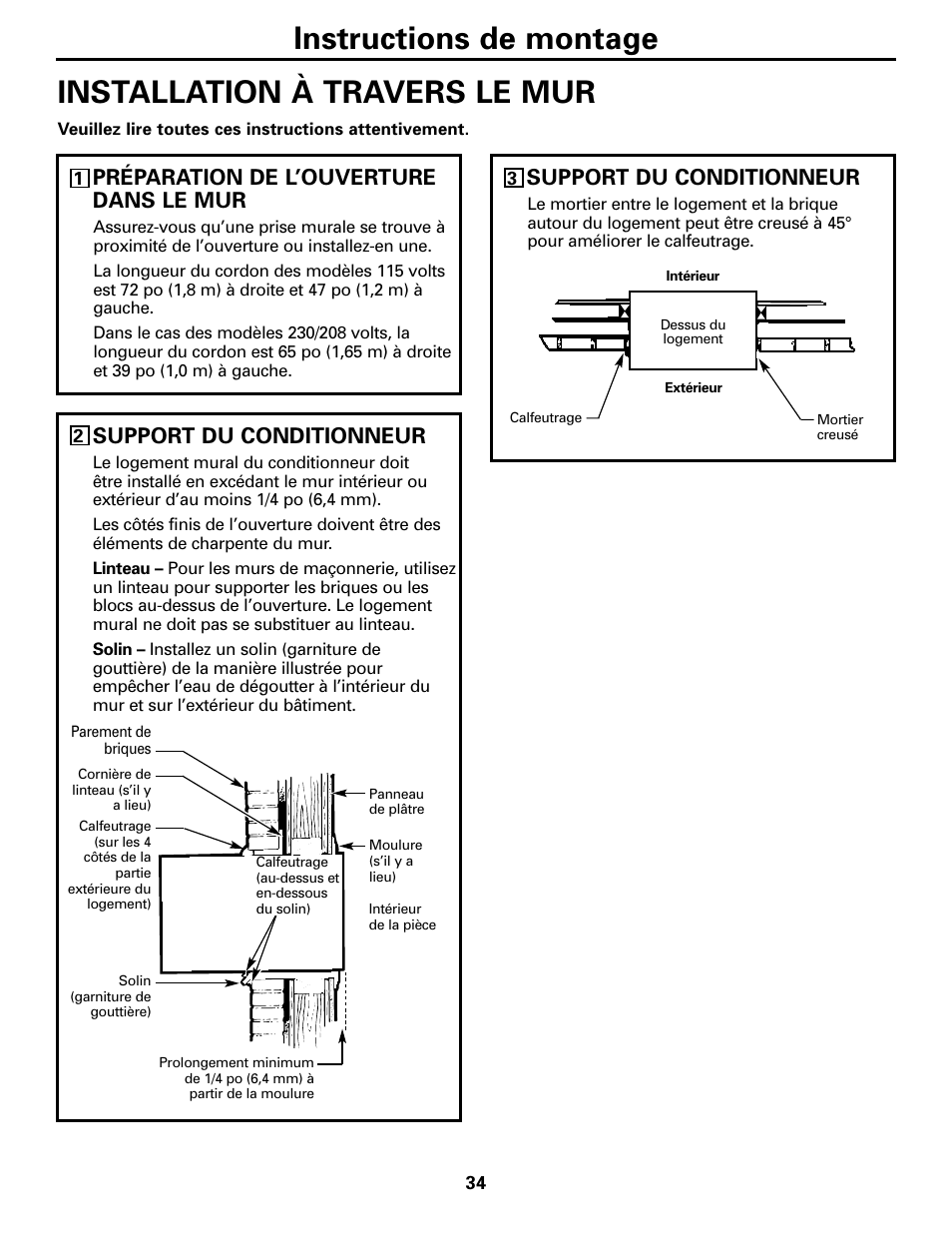 Installation à travers le mur— facultatif, Instructions de montage, Installation à travers le mur | Préparation de l’ouverture dans le mur, Support du conditionneur | GE 10 DCB User Manual | Page 34 / 68