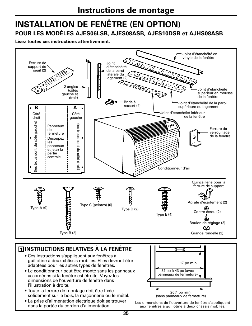 Instructions relatives à la fenêtre | GE 10 DCB User Manual | Page 35 / 68