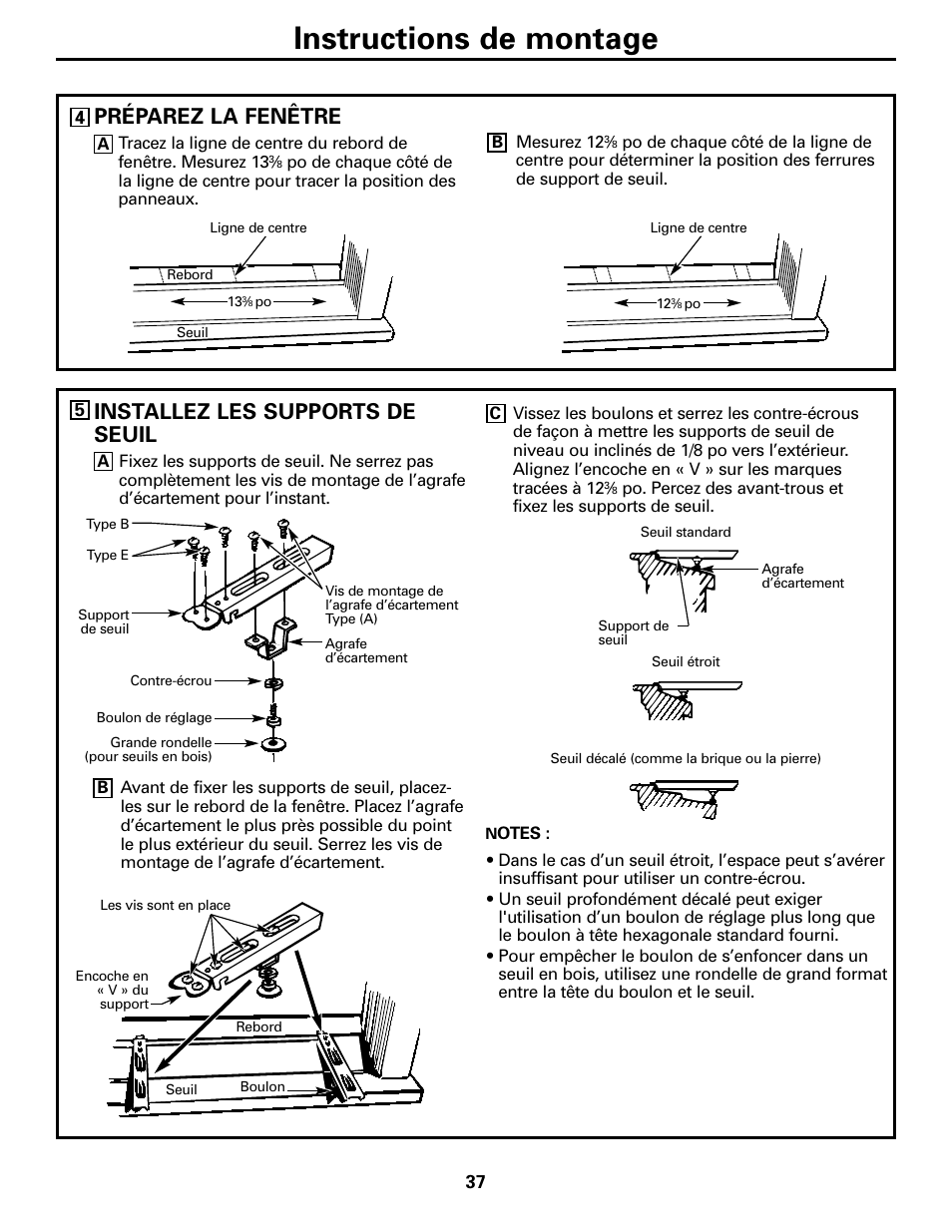 Instructions de montage, Installez les supports de seuil, Préparez la fenêtre | GE 10 DCB User Manual | Page 37 / 68