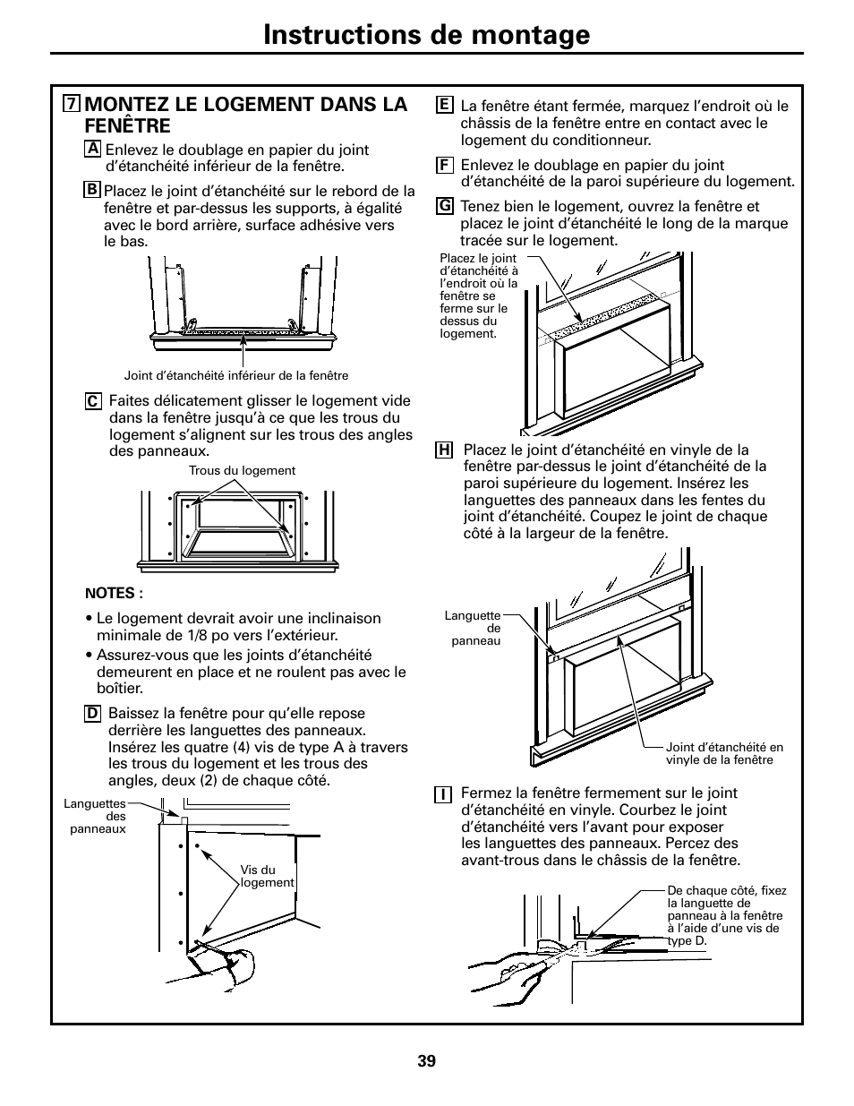 Instructions de montage, Montez le logement dans la fenêtre | GE 10 DCB User Manual | Page 39 / 68