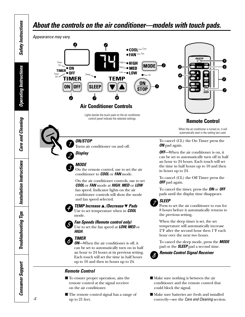 Controls—touch pads, Controls—touch pads , 5, Air conditioner controls | Remote control | GE 10 DCB User Manual | Page 4 / 68