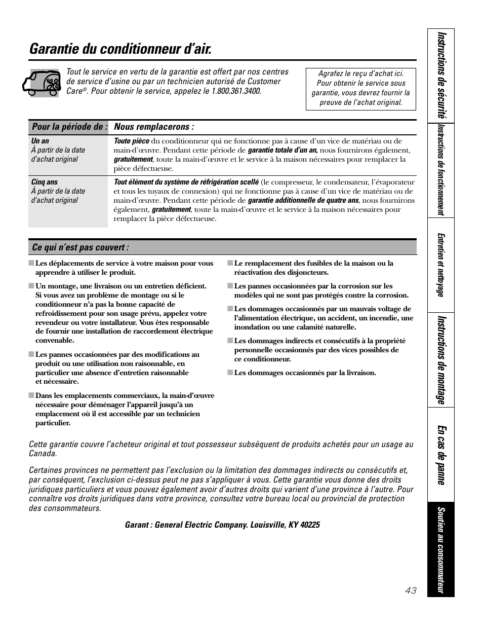 Garantie, Garantie du conditionneur d’air, Instructions de sécurité | Instructions de montage en cas de panne | GE 10 DCB User Manual | Page 43 / 68